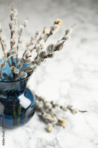 Beautiful pussy willow branches on white marble table, closeup