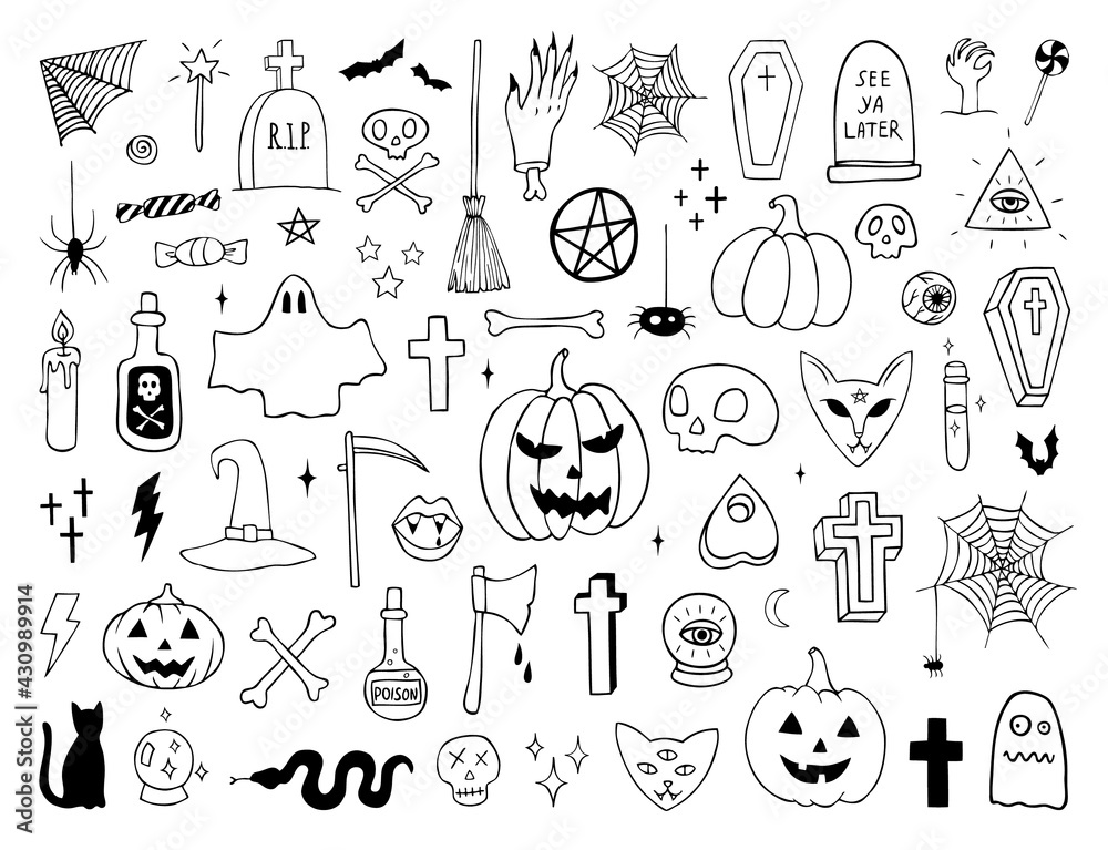 Vector set of Halloween doodle hand drawn elements. Pumpkins, skulls, bones, cemetery, crosses, magic, witch hat, bats, spider web, ghosts, black cat isolated on whire background.