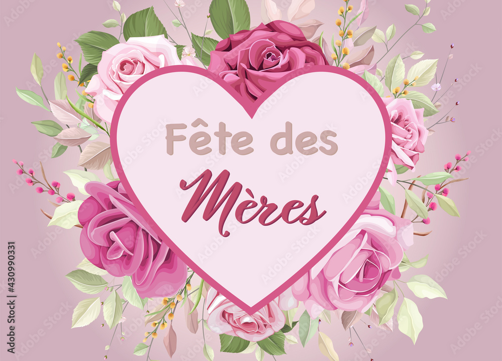 carte ou bandeau sur La Fête des mères en rose clair et foncé dans un coeur rose avec un bouquet de rose derrière sur un fond vieux rose