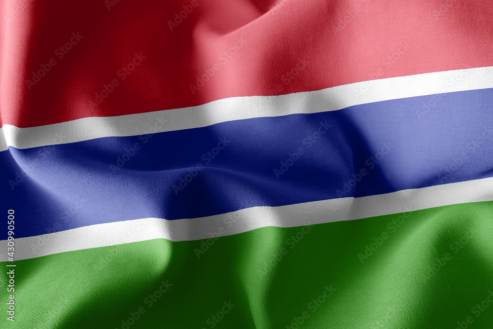 3D rendering illustration closeup flag of Gambia. Waving on the 3D rendering illustration closeup flag of Gambia. Waving on the