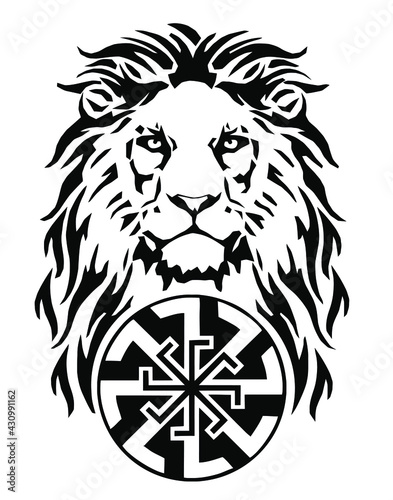 The Lion's head and celtic sun – swastika, drawing for tattoo, on a white background, illustration, black and white, vector 