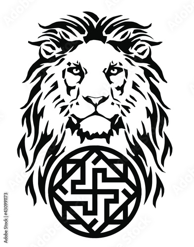 The Lion's head and celtic sun – swastika, drawing for tattoo, on a white background, illustration, black and white, vector 
