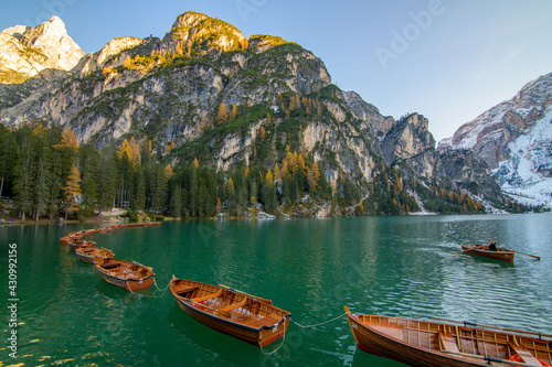 The beautiful Braies lake in late autumn with a little snow, Pearl of the Dolomite lakes is an UNESCO heritage and is located in the Braies Alto Adige,Italy © DannyIacob