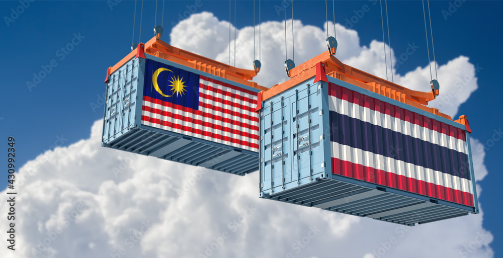 Freight containers with Malaysia and Thailand national flags. 3D Rendering 