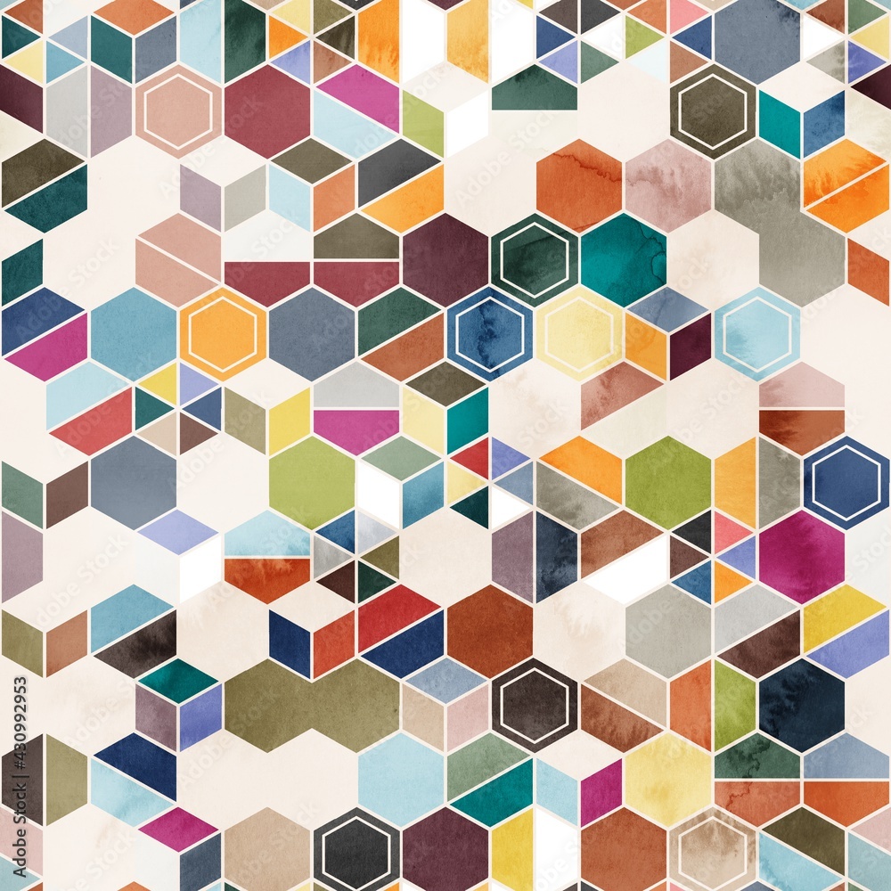 Seamless pattern of hexagons in random colors in watercolor. High quality illustration. Tile mosaic arrangement of triangles, trapezoids, and hexagons, in honeycomb arrangement. Design for print. Seamless pattern of hexagons in random colors in watercolor. High quality illustration. Tile mosaic arrangement of triangles, trapezoids, and hexagons, in honeycomb arrangement. Design for print.