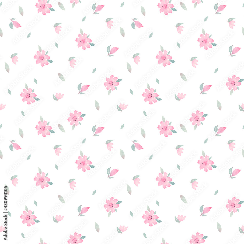 Watercolor hand made seamless pattern with bright pretty spring flowers and leaves on a white background