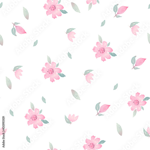 Watercolor hand made seamless pattern with little pretty spring flowers and leaves on a white background