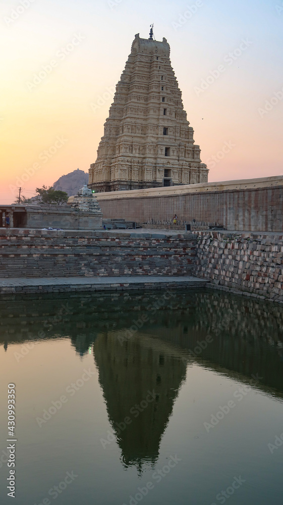 Beautiful view of Virupaksha Temple in Unesco World Heritage site Hampi of Karnataka state in India in the morning.