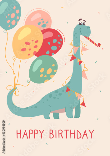 Funny brontosaurus on a greeting card. Dino plays a festive melody. Feast of dinosaurs, buntings and balloons. Funny childrens vector postcard, beige background photo