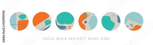 Abstract modern colorful Vector Backgrounds. Hand drawn various Shapes. Set of six Round Patterns. Contemporary design. Social media Stories or avatar templates. Every icon is Isolated