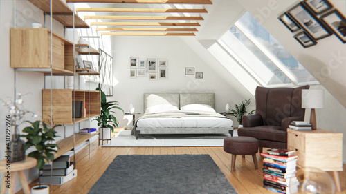 Innenarchitektur Schlafzimmer mit Bett, Fenster, Sonnenlicht und Möbel photo