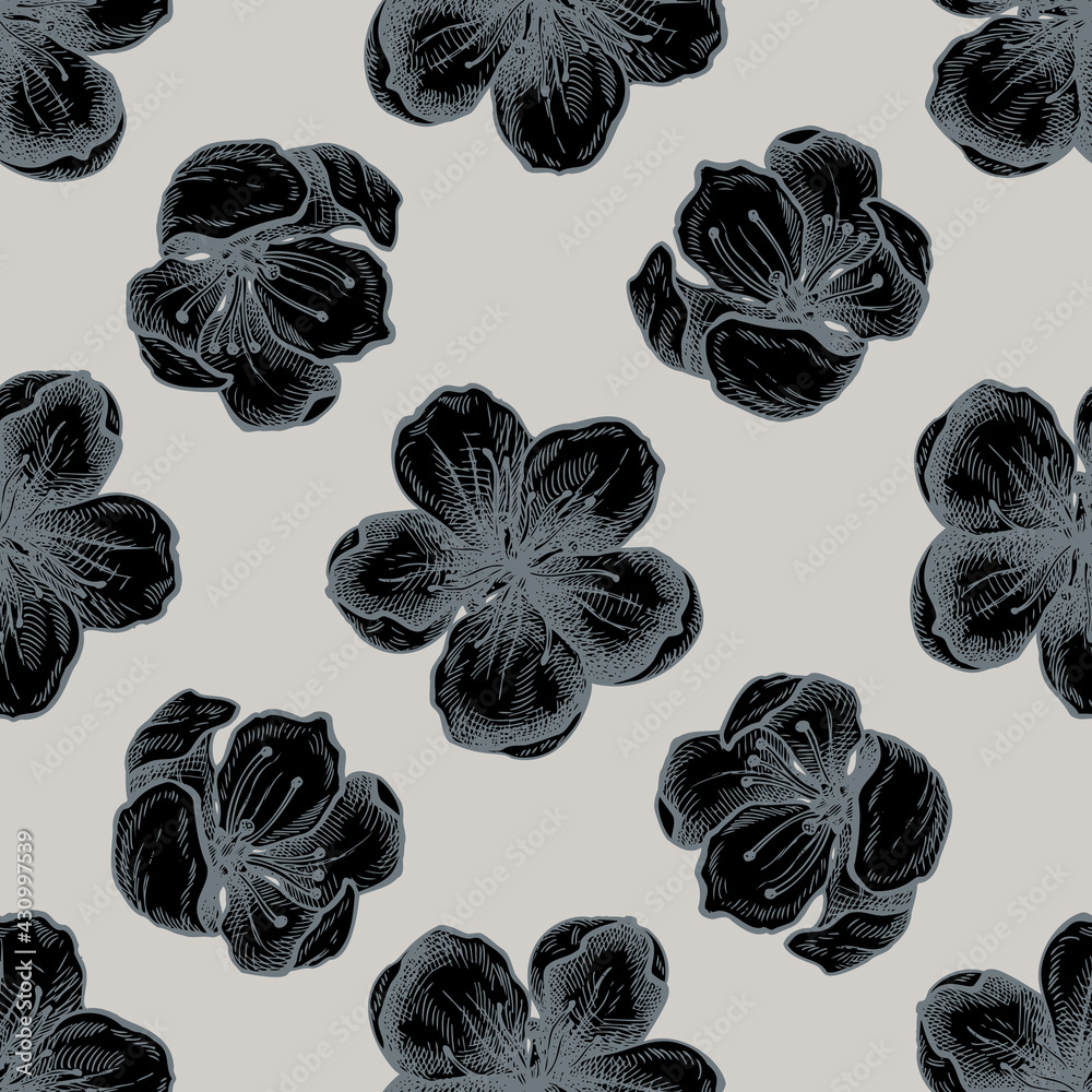 Seamless pattern with hand drawn stylized sakura flowers