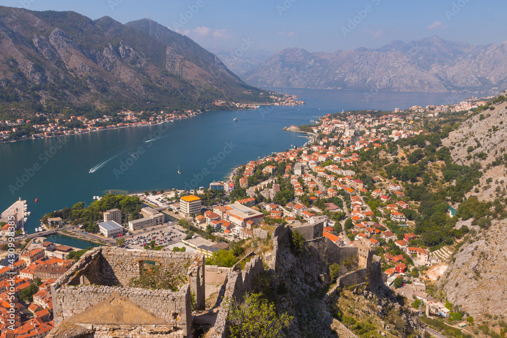 Beautiful view of the city of Kotor from the Castle Of San Giovanni on a sunny day. Montenegro 