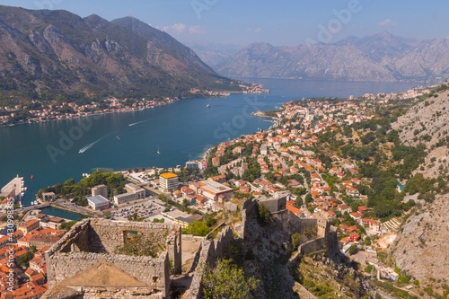 Beautiful view of the city of Kotor from the Castle Of San Giovanni on a sunny day. Montenegro 