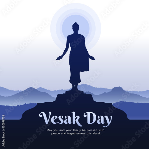 Vesak day with Buddha statue Quote arms  and Stand Up on stand and blue mountain background vector design