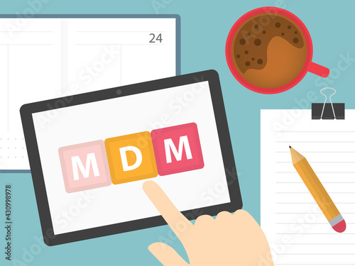 hand touching tablet screen with MDM (Mobile Device Management) button - vector illustration