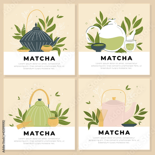Set of templates with teapots and matcha accessories.