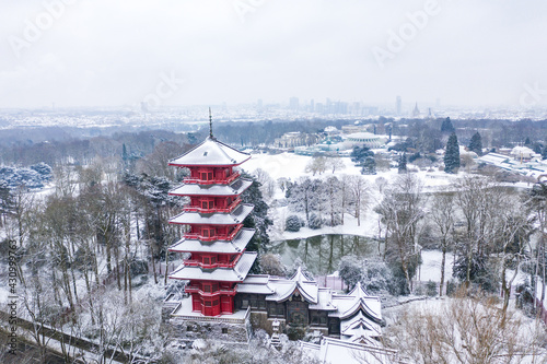 Aerial view of Japanese tower (Tour Japonaise) in wintertime near the Japanese Pavillon in Parc de Laeken, Brussel, Belgium. photo