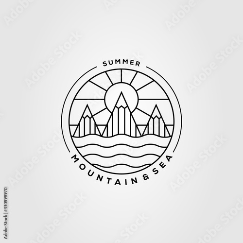 mountain, sunburst, ocean logo. lake wave sunset logo template vector illustration design