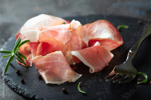 Pieces of prosciutto or jamon close up