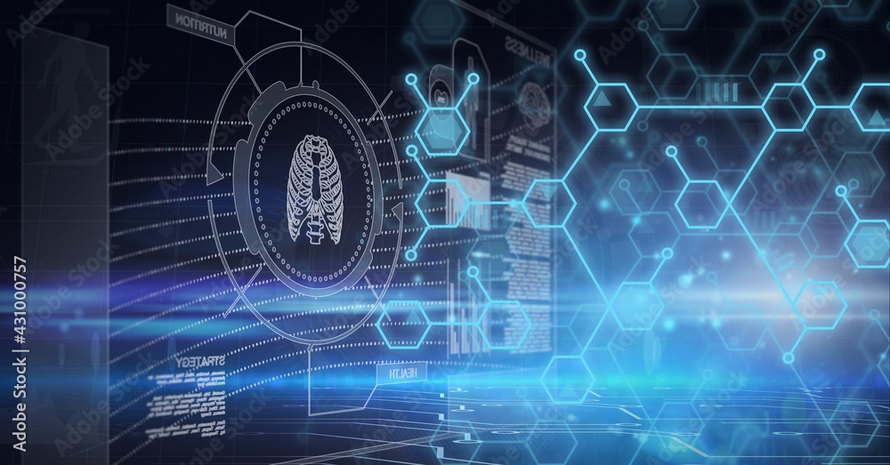 Composition of scope scanning, chemical compounds and scientific data processing on black background Composition of scope scanning, chemical compounds and scientific data processing on black background