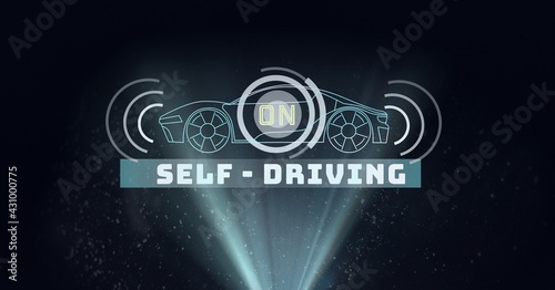 Composition of self driving car drawing with light trails on black background photo