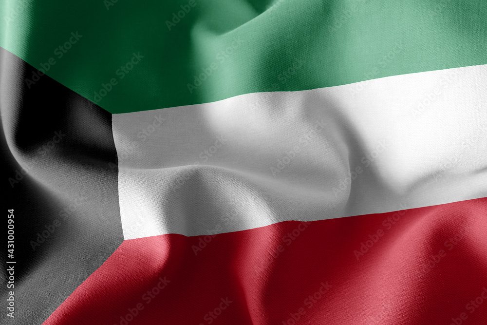 3D rendering illustration flag of Kuwait. Waving on the wind fla