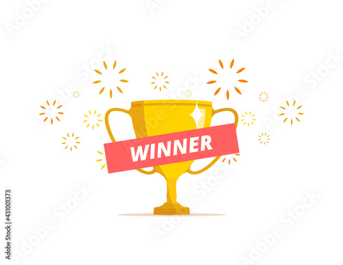 Winner concept. Trophy cup illustration. Vector illustration with gold prize and festive sparks.
