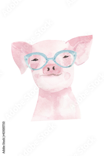 Watercolor funny pig, hipster pig, cute farm animals