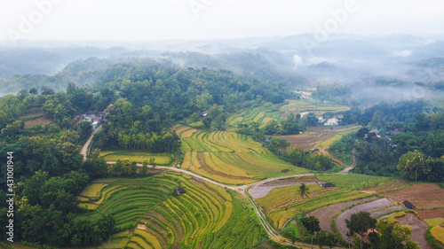 Beautiful aerial view of rice terraces with morning mist