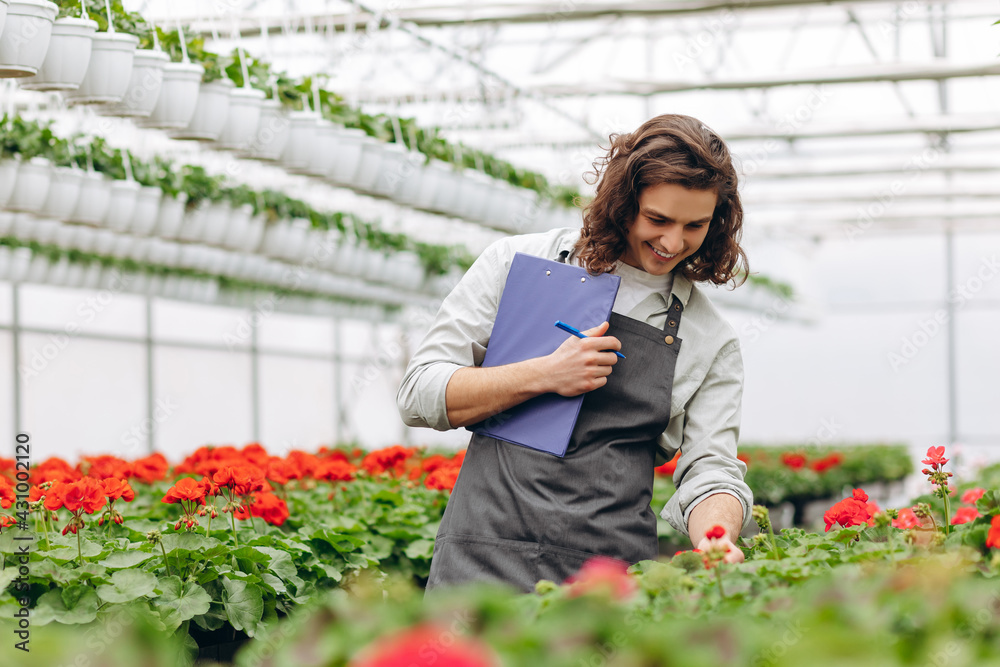 Close-up. Young handsome male florist watching on flowers and making notes. Close-up. Young handsome male florist watching on flowers and making notes.
