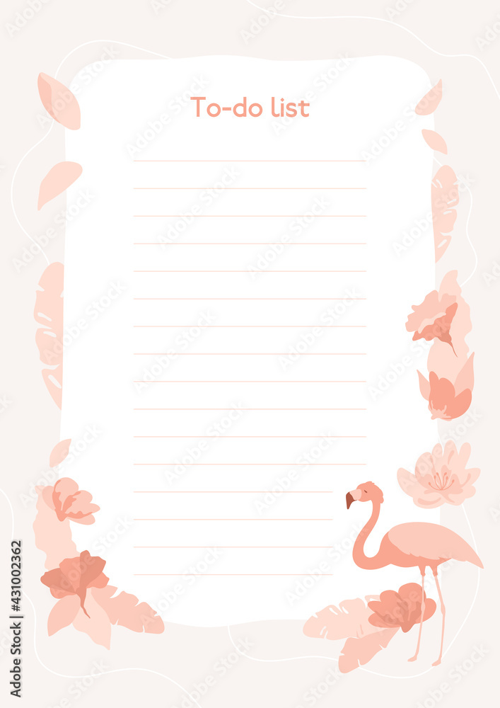 Check, to do list and planner template. Floral illustration with flamingo, leaves and flowers. Empty space with lines. Agenda, schedule, notebooks, cards, beautiful pink stationery design.