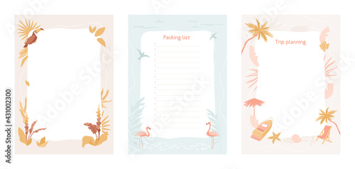 Set of planners and to do list. Tropical illustration, paradise resort planning list with summer elements, yacht, parrot, flamingo, palm trees, leaves. Template for agenda, schedule, notebooks, cards