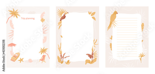 Set of planners and to do list. Tropical illustration, paradise resort planning list with summer elements, yacht, parrot, toucan, palm leaves. Template for agenda, schedule, notebooks, cards