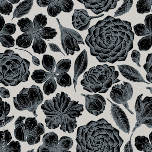 Fotografia Seamless pattern with hand drawn stylized hibiscus, plum flowers, peach flowers,