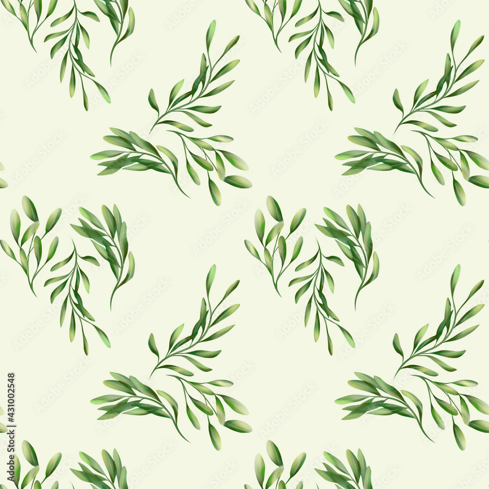 Seamless watercolor floral pattern-a composition of green leaves and branches on a white background, perfect for wrappers, wallpapers, postcards, greeting cards, wedding invitations, romantic events, 