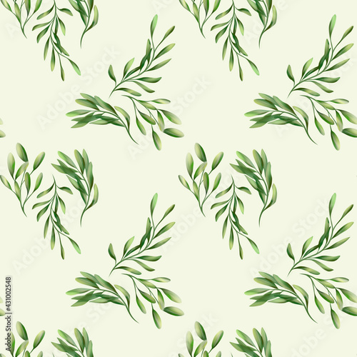 Seamless watercolor floral pattern-a composition of green leaves and branches on a white background, perfect for wrappers, wallpapers, postcards, greeting cards, wedding invitations, romantic events,  © Ольга Шамарина