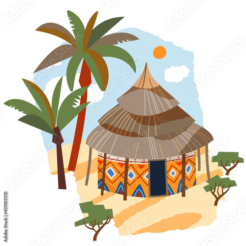 African tribal hut in nature. Traditional ethnic house vector illustration. Family building in village surrounded by trees, sand, sky, sun background. Living in Africa scene