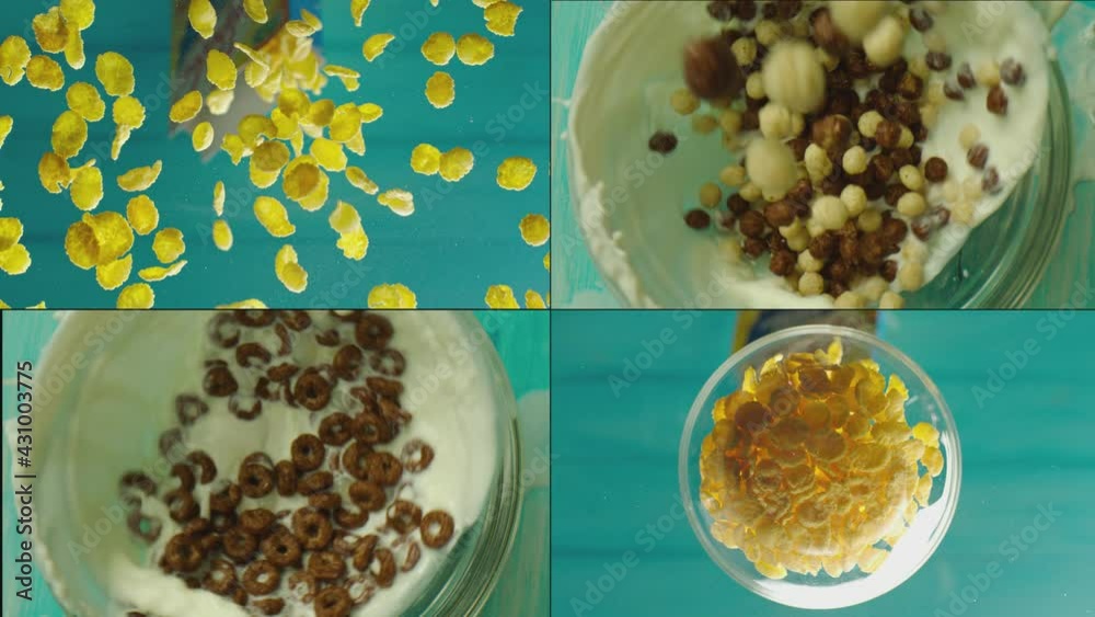 vid-o-stock-4k-chocolate-and-white-balls-or-corn-flakes-with-milk