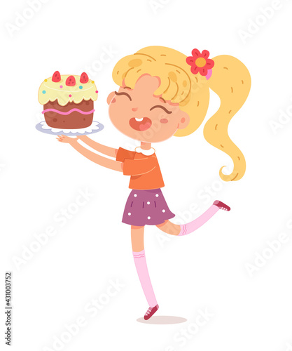 Happy birthday, girl celebrating at party with cake. Cute child having fun vector illustration. Little girl smiling and jumping with plate at event isolated on white background