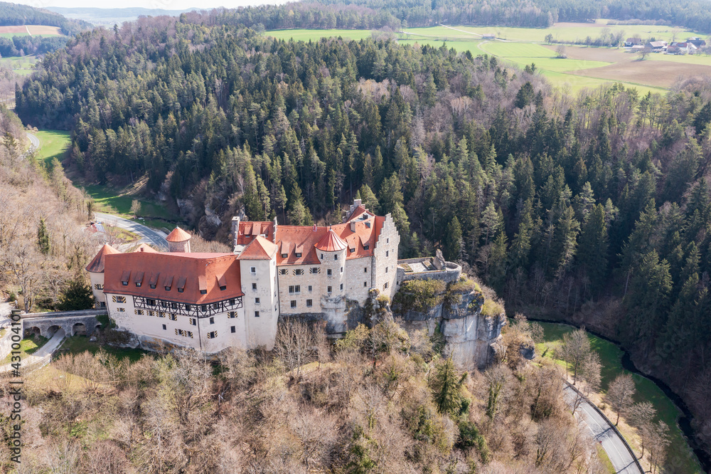Bird's eye view of Rabenstein Castle in the Ahorntal in Franconian Switzerland / Germany in spring 