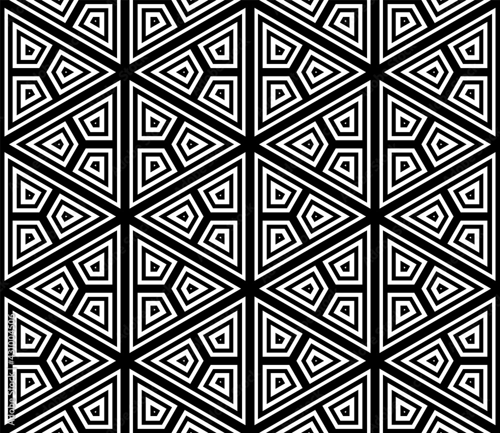 Abstract black and white halftone hexagon, triangle seamless pattern. Geo shape background. Mosaic, tile of thin line ornament. Abstract black and white halftone hexagon, triangle seamless pattern. Geo shape background. Mosaic, tile of thin line ornament.