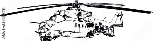 Fototapeta Naklejka Na Ścianę i Meble -  Black and white vector image of a military helicopter with combat machine guns and grenade launchers
