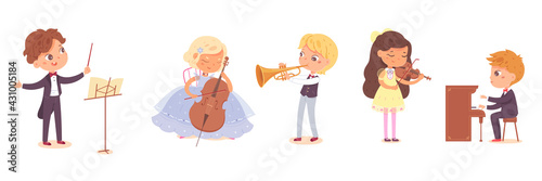 Kid musicians playing music set. Little girls and boys with piano, violin, trumpet, cello, conducting orchestra vector illustration. Children with instruments on white background