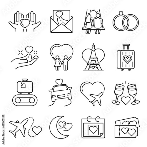 Collection of monochrome simple honeymoon icon vector illustration linear romantic symbols
