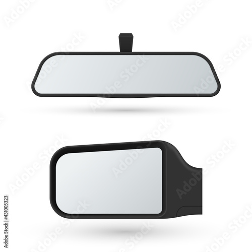 Set of automobile rear view mirrors vector illustration. Back glass reflection for control behind