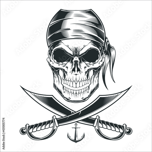 Vintage skull pirate and Anchor sword monochrome template