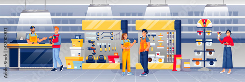 People shopping in hardware shop. Man at counter selling drill to guy, woman choosing paint, assistants standing vector illustration. Tools and materials store interior design panorama