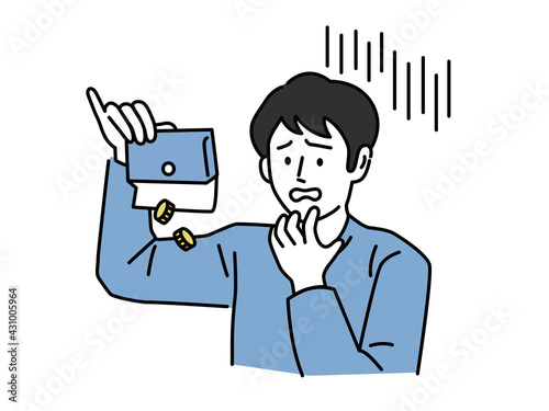 お金が無い時のイラスト(金欠、支払い、催促、利息、利子、散財、豪遊、ピンチ、金融、買い物、悩み、ショッピング、男性)Lack of money, payment, demand, interest, no money.woman is turning out his empty wallet. Financial troubles. Flat modern illustration.
