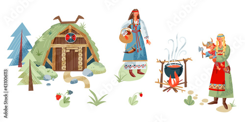 Women with kid cooking food on fire near viking house in nature. Medieval Norway elements vector illustration. Girl with berries, pot, child, wooden home on white background